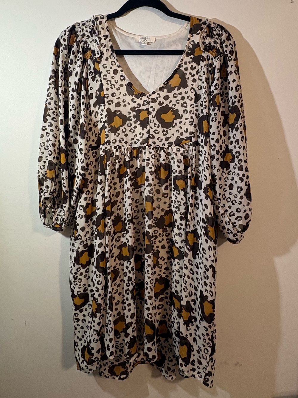 Umgee dress women’s small leopard babydoll V-neck balloon 3/4 sleeves lined